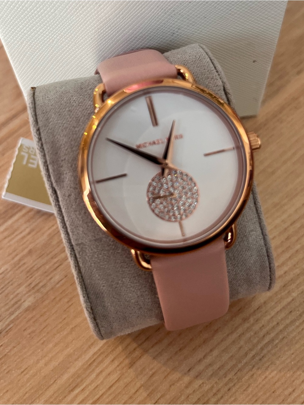 Michael Kors Rose Gold-Tone Case Blush Pink Leather Strap Crystal Accent Watch
